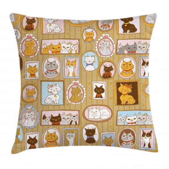 Cat Throw Pillow Cushion Cover, Family Tree of A Kitty with Portraits Domestic Feline Characters Gallery Humor Design, Decorative Square Accent Pillow Case, 16 X 16 Inches, Multicolor, by Ambesonne