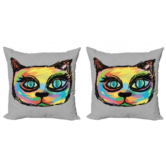 Ambesonne Cat Throw Pillow Cover 2 Pack, Sketch Art Dark Big Eyes, 24", Multicolor