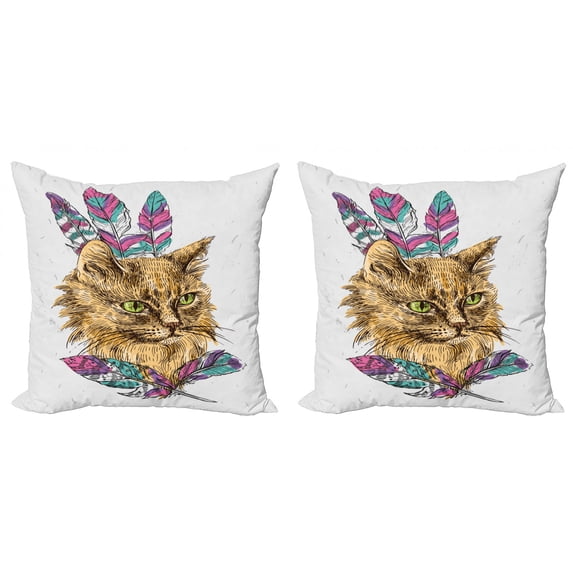 Ambesonne Cat Throw Pillow Cover 2 Pack, Cat with Colorful Feathers, 24", Multicolor