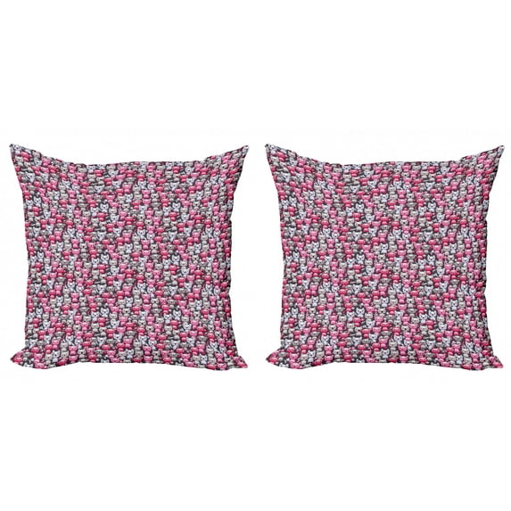 Ambesonne Cat Throw Pillow Cover 2 Pack, Kawaii Doodle Humor, 18", Pink Tan Lilac