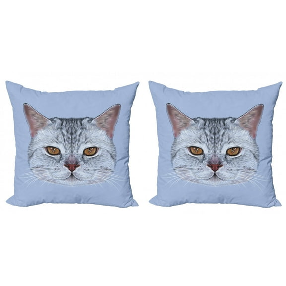 Ambesonne Cat Throw Pillow Cover 2 Pack, Scottish Hipster Kitty Pet, 18", Pale Blue Pale Grey