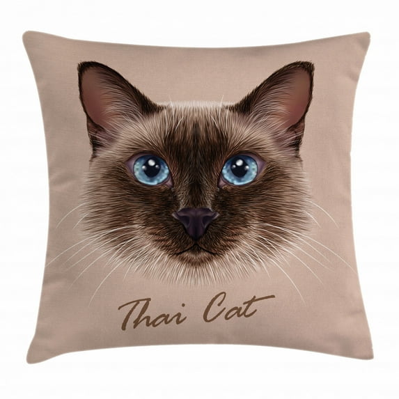 Cat Throw Pillow Cushion Cover, Realistic Traditional Siamese Cat Portrait Illustration Domestic Fluffy Animal Theme, Decorative Square Accent Pillow Case, 16 X 16 Inches, Multicolor, by Ambesonne