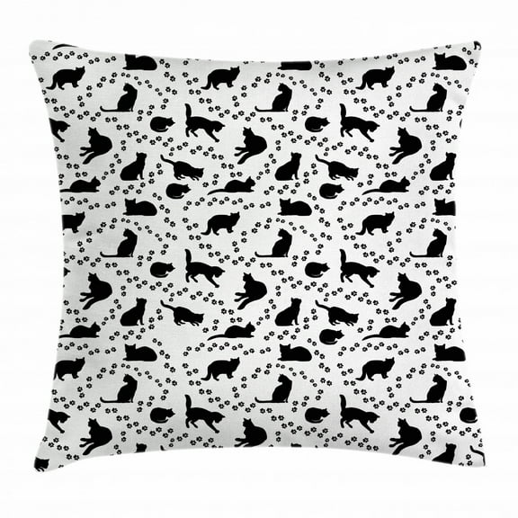 Cat Throw Pillow Cushion Cover, Cat Silhouette and Animal Tracks Pattern Paws Footprints Kitties Different Poses, Decorative Square Accent Pillow Case, 20 X 20 Inches, Black and White, by Ambesonne