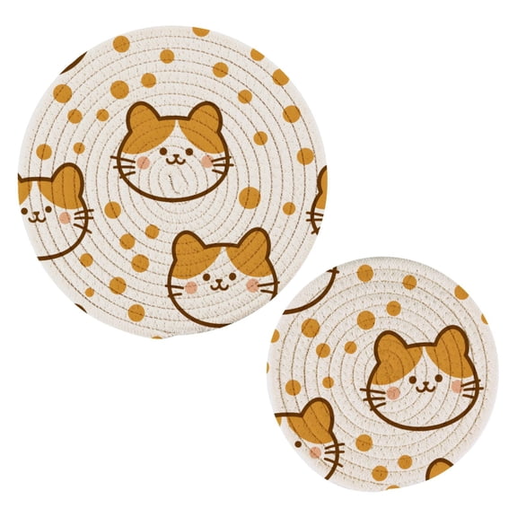 Cat Tile Brown Pattern Cotton Trivets Potholders Set of 2 Handmade Heat Resistant Non Slip Absorbent