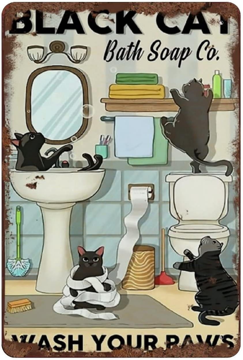 Cat Tin Sign Black Cat Bath Wash Your Paws Funny Cats Bathroom Wall ...