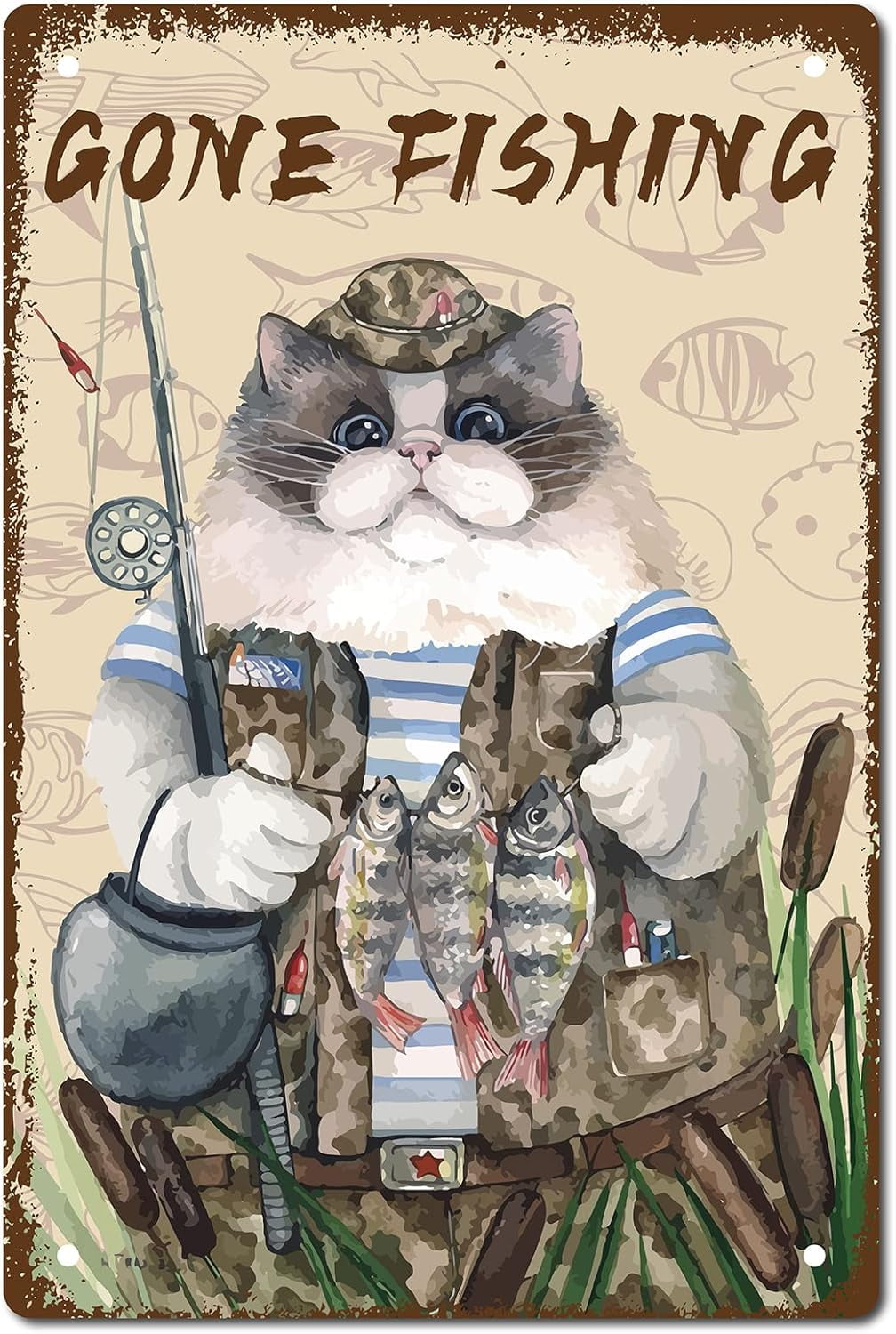 Cat Tin Sign Gone Fishing Metal Vintage Retro Art Mural Hanging Iron  Painting Poster Plaque Fish Funny Animals Family Wall Decorations for  Living Room Kitchen Cafe Gift 8 x 12 Inch -, image size:1008x1500