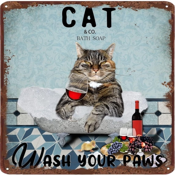 Cat Tin Sign Cat Lovers Gift Wash Your Paws Retro Metal Tin Sign Wine Vintage Aluminum Sign for Home Coffee Wall Decor - Bathroom Wall Art - Bath Wall Decor Restroom Decorations 12x12 inches