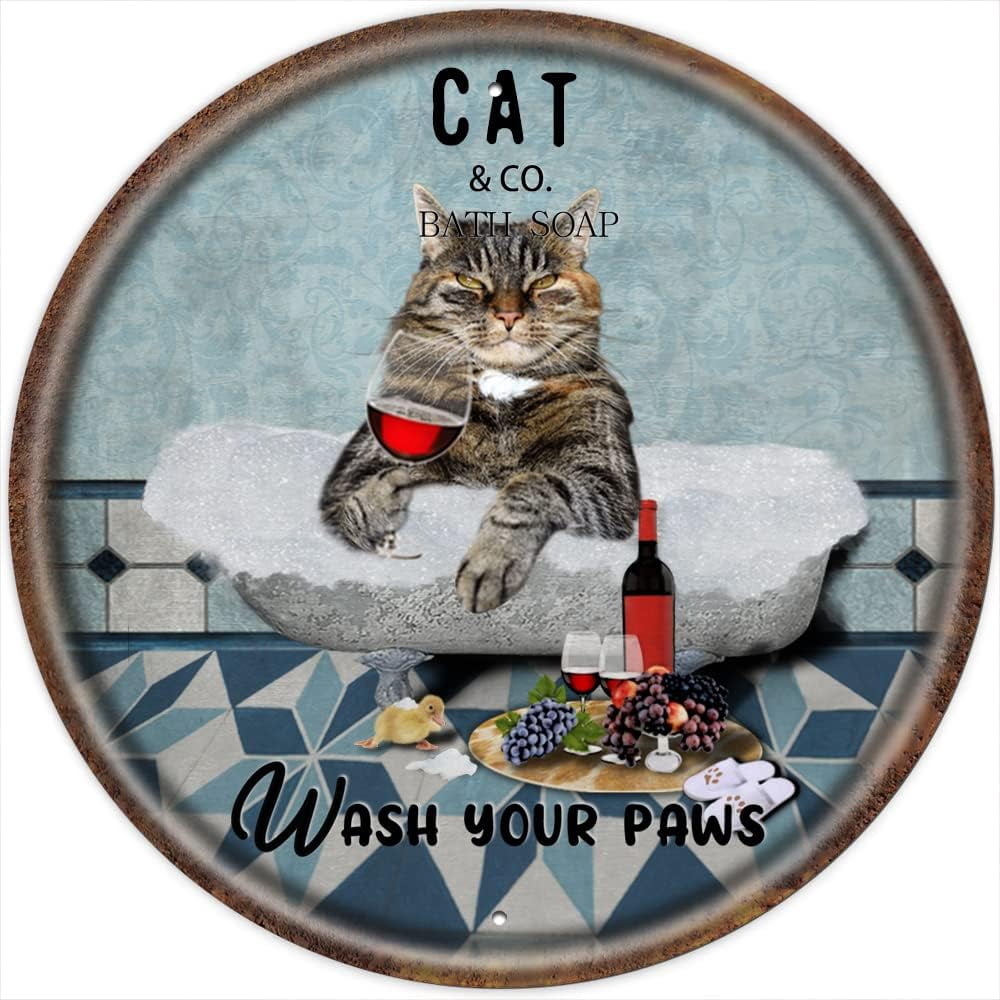 Cat Tin Sign Cat Lovers Gift Wash Your Paws Retro Round Metal Tin Sign ...