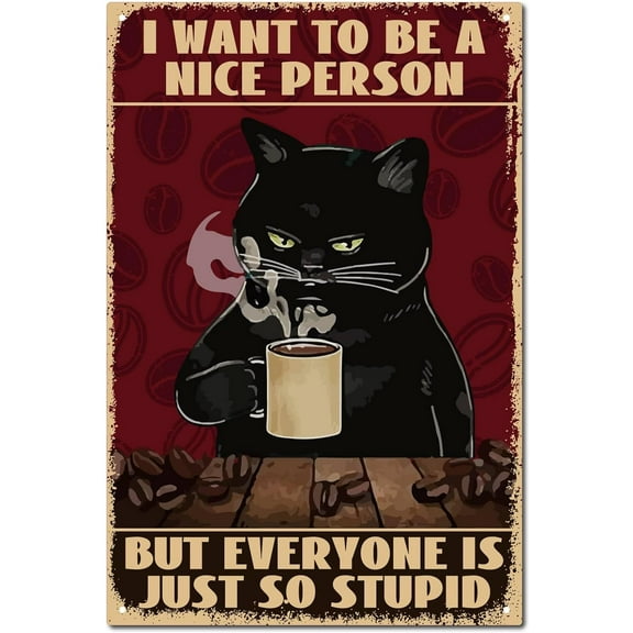 Cat Tin Sign Vintage Metal Sign Poster Retro Painting Plaque Iron Sign Wall Funny Decor Art Watercolor Black Cat Coffee Mural Hanging Sign for Bar Club Restaurant Cafe Home 12 x 8Inch