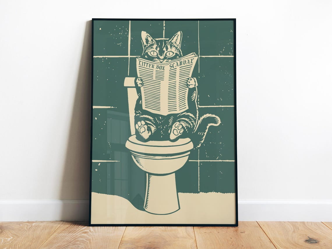 Cat On Toilet Poster Bathroom Wall Art Funny Toilet Print Cat Toilet ...