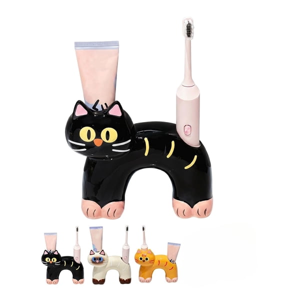 Cat Toothbrush Holder Cute Cat Bathroom Counter Organizer Ceramic Electric Toothbrush Stand Funny Decor Home Unique Creative Animal Toothpaste Storage Rack for Pet Lovers(Black)