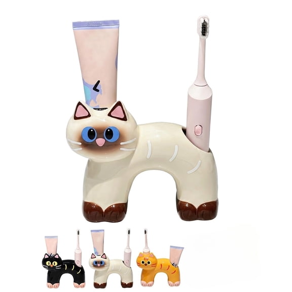 Cat Toothbrush Holder Cute Cat Bathroom Counter Organizer Ceramic Electric Toothbrush Stand Funny Decor Home Unique Creative Animal Toothpaste Storage Rack for Pet Lovers(Black)