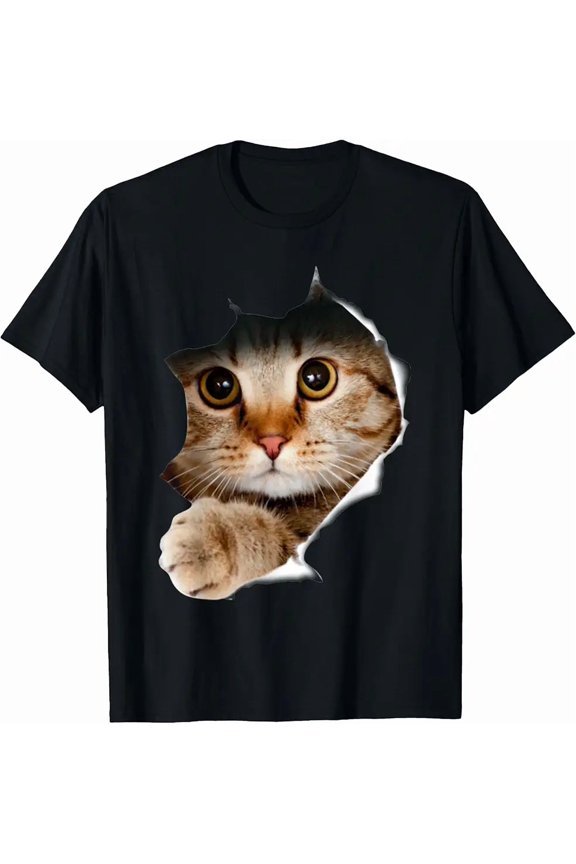 Cat Torn Cloth Effect Funny Kitty Ripped Style Feline Lovers Unisex T-Shirt, up to Size 5XL