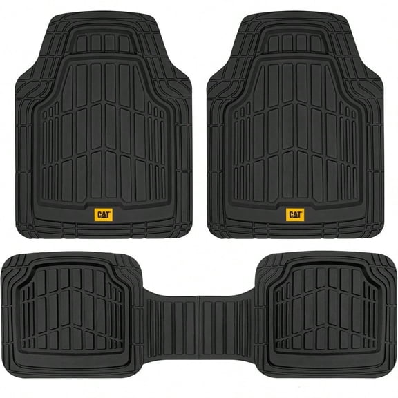 Cat ToughRide HeavyDuty 3 Piece Rubber All Season Floor Mats For Car Truck Van SUV Black Premium Trim To Fit Cars Floor Mat All Weather Deep Dish Automotive Floor Mats Total Dirt Protection