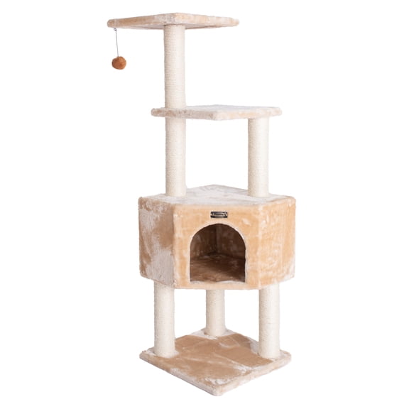 Cat Tower 3 Level Real Wood Kitten Tree - Beige Condo Perch Sisal Scratching Post 48" Tall