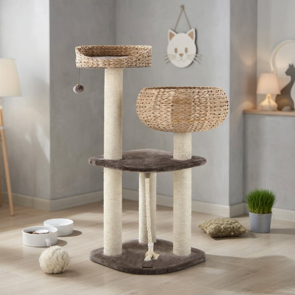 Cat Tower, Cat Tree for Indoor Cats, 41 Inch Rattan Cat Tree with Napping Perch-Beige for Kittens, Elderly Cats, Adult Cats