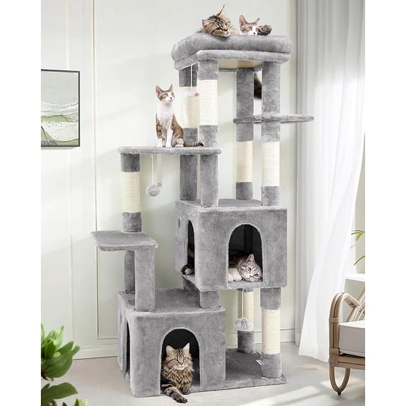 MY Cat Tower for Indoor Cats, Heavy Duty Cat Trees for Large Cats Adult Big Cats Maine Coon Cat Tree Tower with Scratching Post, Extra Large Top Perch, Cat Condos, F61, Light Grey, 61inch