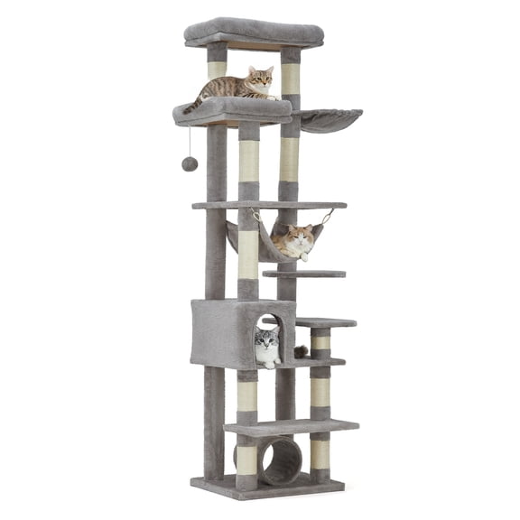 Cat Tower for Indoor w/Cat Toy Balls, Modern Cute 74-Inch Cat Tree w/Widened Perch for Large Cats Kittens, Multi-Level Cat Activity Tree w/Scratching Posts, Tunnel, Basket, Cat Cave Condo