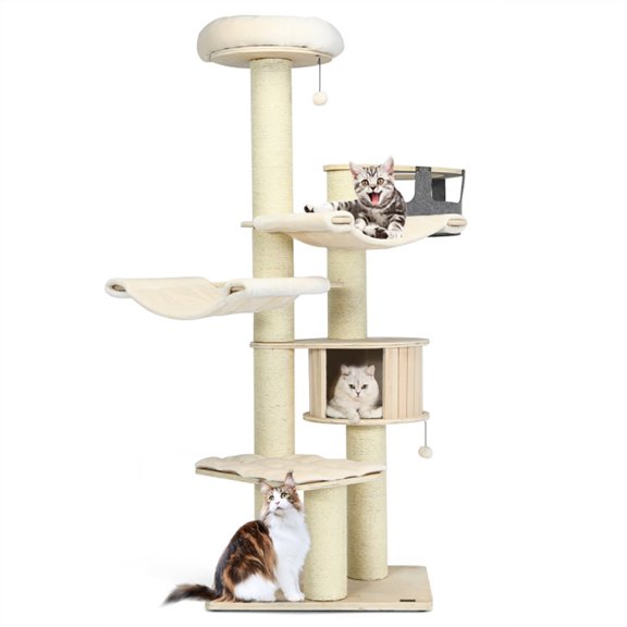 Cat Tower, Cat Tree for Indoor Cats, 77.5-Inch Cat Tree Condo Multi-Level Kitten Activity Tower with Sisal Posts-Cream White for Kittens, Elderly Cats, Adult Cats