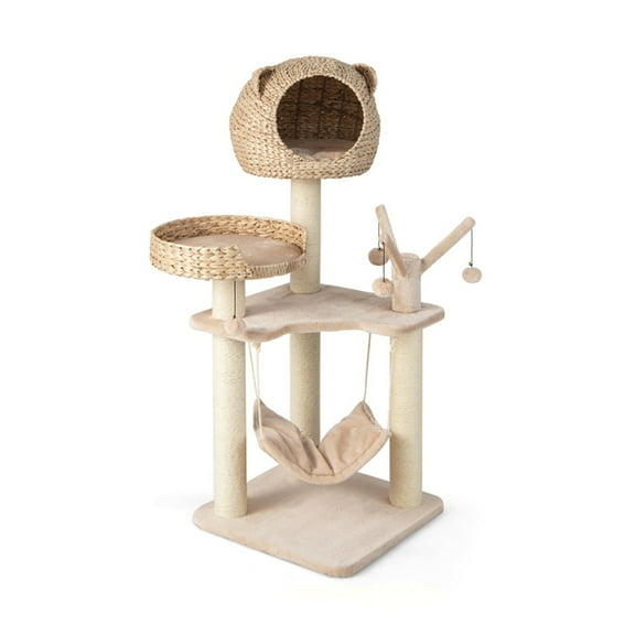 Cat Tower, Cat Tree for Indoor Cats, Multi-Level Cat Tree with Condo Hammock and Rotatable Hanging Balls-Natural for Kittens, Elderly Cats, Adult Cats
