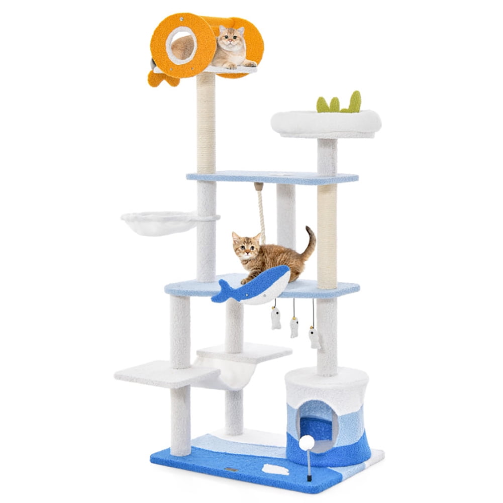 Ocean-Themed Multi-Level Blue and White Cat Tree Tower with Sisal Posts