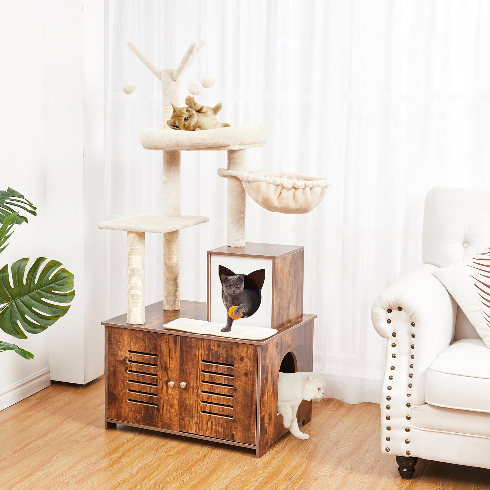 Cat Tower With Litter Box Enclosure,62 " Tall Cat Tree for Indoor Cats,Cat Tree Litter Box Combo