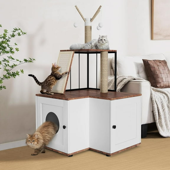 Cat Tower with Hidden Litter Box - 48.8 Inch Multi Level Wood Cat Furniture - Sisal Scratch Post - Hanging Toy Set