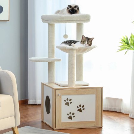 Cat Tower with Hidden litter Box Furniture Cat Scratching Posts Beige