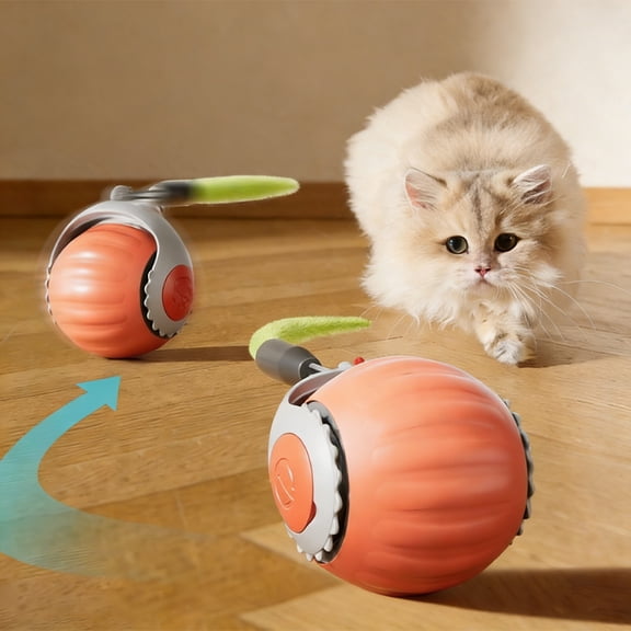 Cat Toy: Automatic Rolling Feather Interactive Toy for Cats - Speed Adjustable, 2 Play Modes, Rechargeable (Orange)
