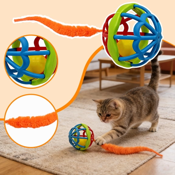 Cat Toy Ball - Interactive Cats Toy Ball with Plush Tail and Built-in Bell, TPR Soft Rubber Chew Toy for Teething, Self-Playing Cats Enrichment Toy for Bored