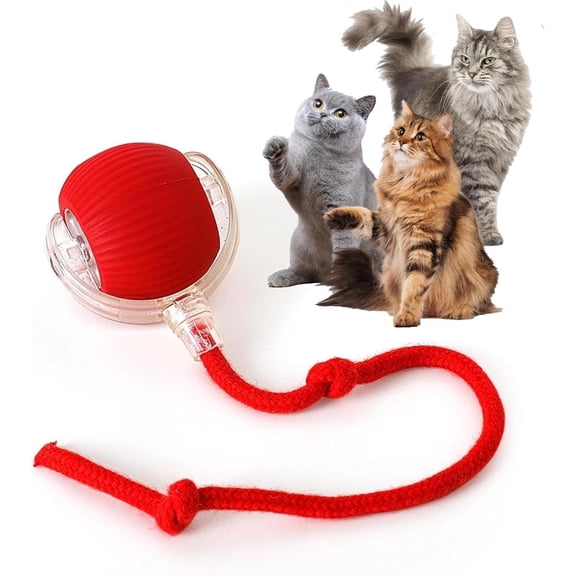 Cat Toy Ball with Tail Rope, Smart Rolling Ball, LED Light, Electric Self-Rolling Pet Toy, Interactive Cat Jumping Ball, Automatic Cat Teaser Ball, Small Dog Toy, Pet Excercise, Cat Activity (Red)
