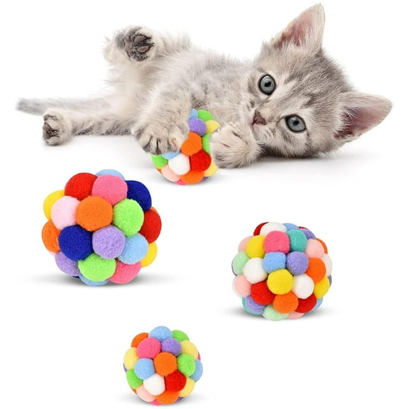 Cat Toy Balls with Bell (3 Sizes/Pack), Colorful Soft Fuzzy Balls Built-in Bell for Cats, Interactive Playing Chewing Toys for Indoor Cats and Kittens