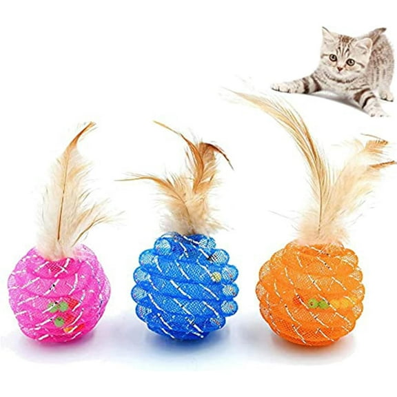 Cat Toy Balls, Interactive Cat Balls with Feathers and Bell Inside Interactive Cat Toys Cat Exrecise Toy Balls, Hour of Entertainment, Safe for Your Kitty (3Pcs - Red, Blue, Orange)