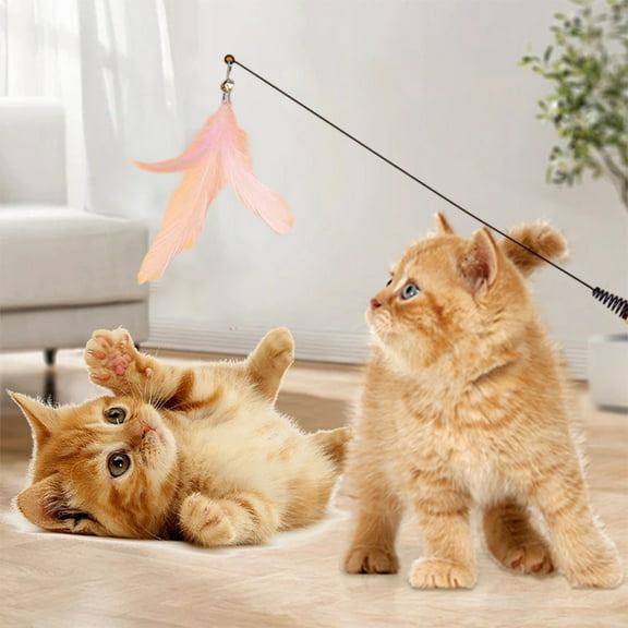 Cat Toy Feathers Play Stick, Gaqring Interactive Cat Toys with Bells Replaceable Feathers, Spring Rotation Cat Teaser Wand for Kittens Cats Exercise Training