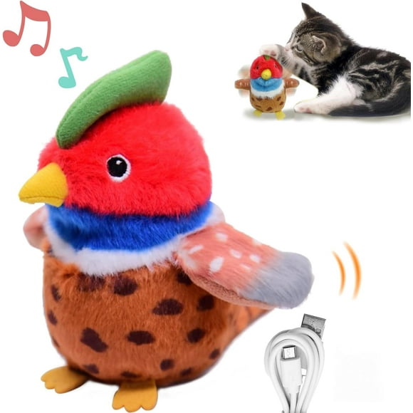 Cat Toy Flapping Wing Interactive Simulated Chirping Plush Bird Kitten Hanging Toy with Catnip USB Cable Rope for Indoor Cat Small Dog, Touch Activated, Rechargeable, No Flying