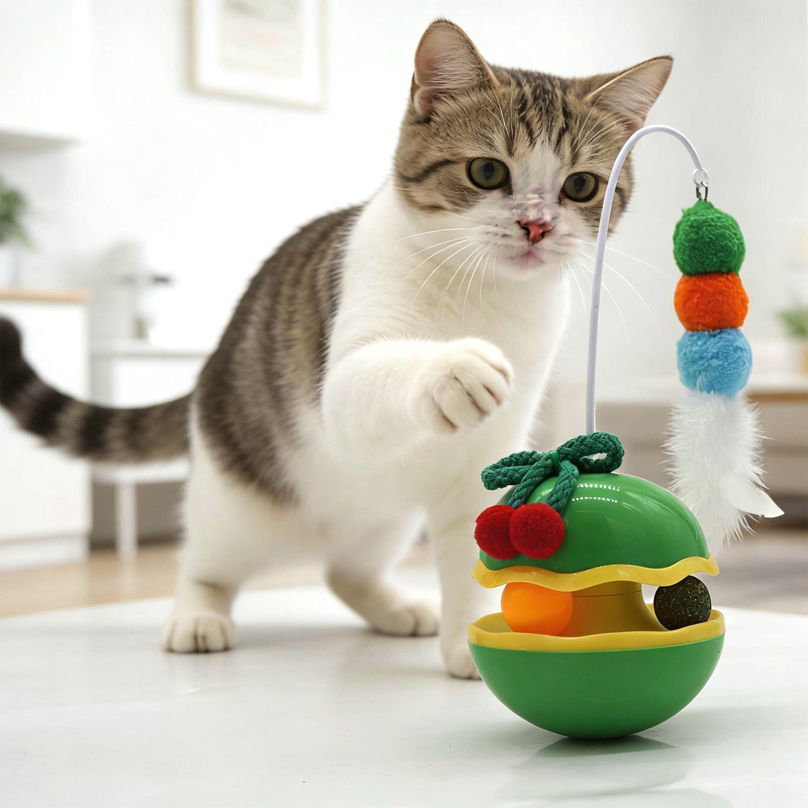 Cat Toy, Interactive Cat Teaser with Catnip Ball, Tumbler Wand for Kitten Exercise, Self-Entertainment & Puzzle for Indoor Cats