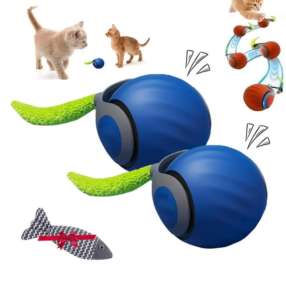 Cat Toy, Interactive Cat Toy for Indoor Cats, Automatic Moving Cat Toy Ball, USB Rechargeable Smart Cat Toys Ball with Tail, Two Speed Adjustment (Blue+Red)