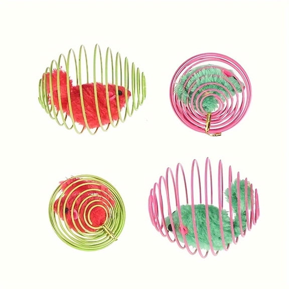 Cat Toy, Interactive Plush Squeaky Spring Mouse in Expandable Metal Cage, 1 Pack Random Color, for Indoor Kittens Cats to Bite Play Relieve Boredom Self Entertainment