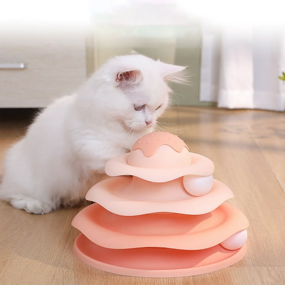 Cat Toy Interactive Spinner Track | 3-Layer Rotating Turntable with Rolling Balls | Indoor Plastic Activity Center | Anti-Slip Base | Multi-Cat Play | 9.8x6.3in | Pink Blue Yellow