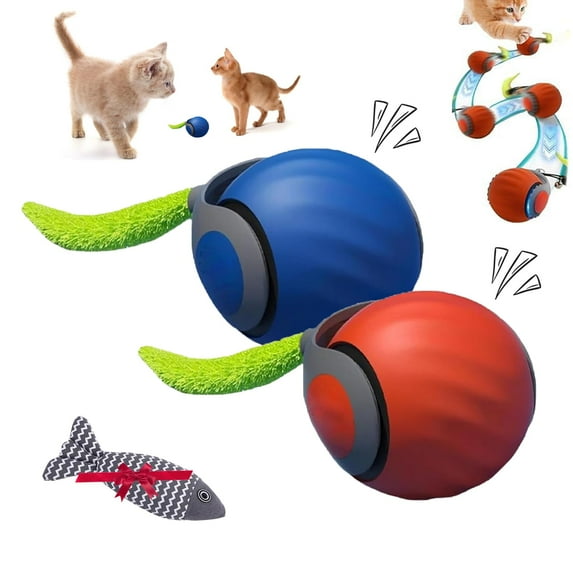 Cat Toy, Interactive Cat Toy for Indoor Cats, Automatic Moving Cat Toy Ball, USB Rechargeable Smart Cat Toys Ball with Tail, Two Speed Adjustment (Blue+Red)