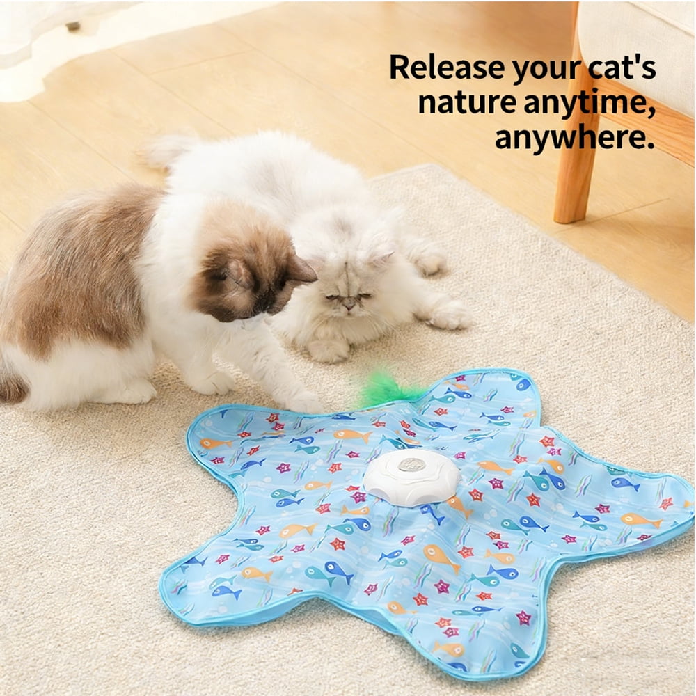 Cat Toy Mat: Automatic Interactive Star-Shaped Cat Teaser Mat - 360 °   Irregular Feather Movement, USB Rechargeable (Blue Fish Pattern)