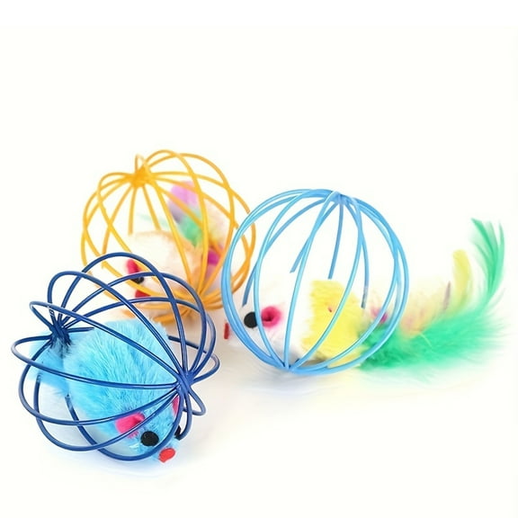 Cat Toy Mouse With Real Feather Tail & Painted Wire Cage, Jingle Bell Sound Cat Toy, Interactive Play & Mental Stimulation For Indoor Cats, Randomly Shipped Metal Cage Ball Mouse