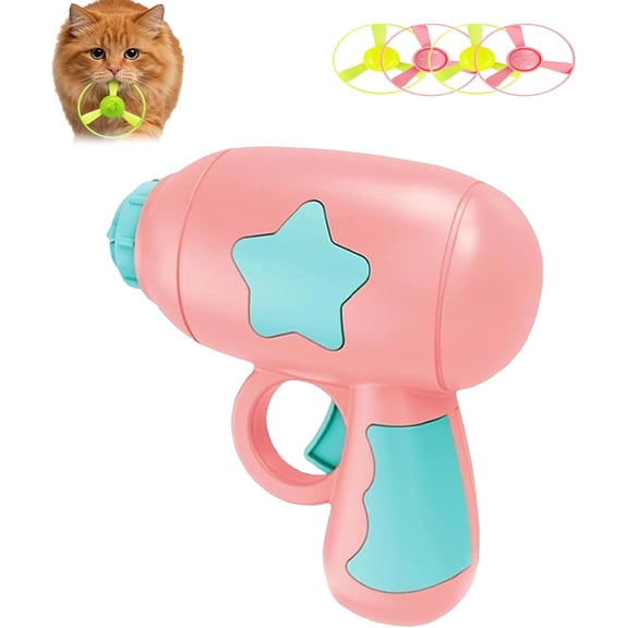 Cat Toy Propeller Launcher, Cat Fetch Toy with Colorful Flying Propellers Set, cat Toy Propeller Launcher with 4pcs UFOs Without Lights/1pcs Light-Up UFOs Spinning Tops (Pink)