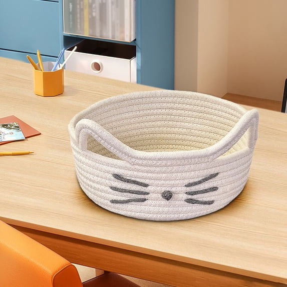 Cat Toy Storage Basket, Cute Cotton Rope Woven Organizer Box, Non-Slip Desktop Ear Basket for Office Household Cosmetics Snacks Sundries, White