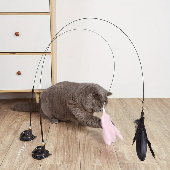 Cat Toy With Suction Cup, Extendable Steel Wire Replacement Head, Handheld Interactive Self-Play Cat Toy For Boredom Relief, Detachable & Washable Pole, 1Pc Black S