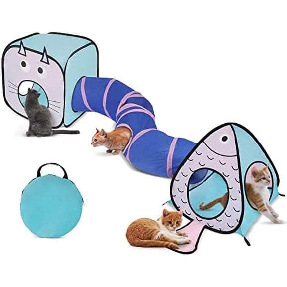Cat Toy Tunnel and Cubes Bundle - Interactive Crinkle Collapsible Cat Tube and Foldable Cubes Playground for Kitty, Rabbit, Puppy, Ferret Hiding Hunting and Resting
