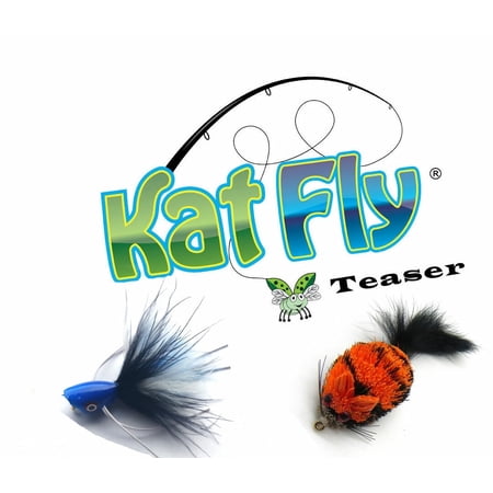 Kat Fly 2 Pack Handmade Cat Toy Teasers - Orange Mouse & Blue Bug Natural Material Wand Refills