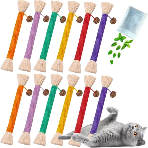 Cat Toys 12pcs Catnip Toys for Indoor Kitten Chew Silvervine for Molar Scratch Interactive Cotton Rope for Cleaning Teeth Dental Stick Treat Kitty Self Play Cat Kick 5.9”