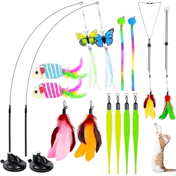 Cat Toys, 14Pcs 4 in 1 Indoor Adult Cat Interactive Toys, Hanging Door Kitten Wand with Suction Cup Removable Feathers Balls Mice Butterfly Streamers