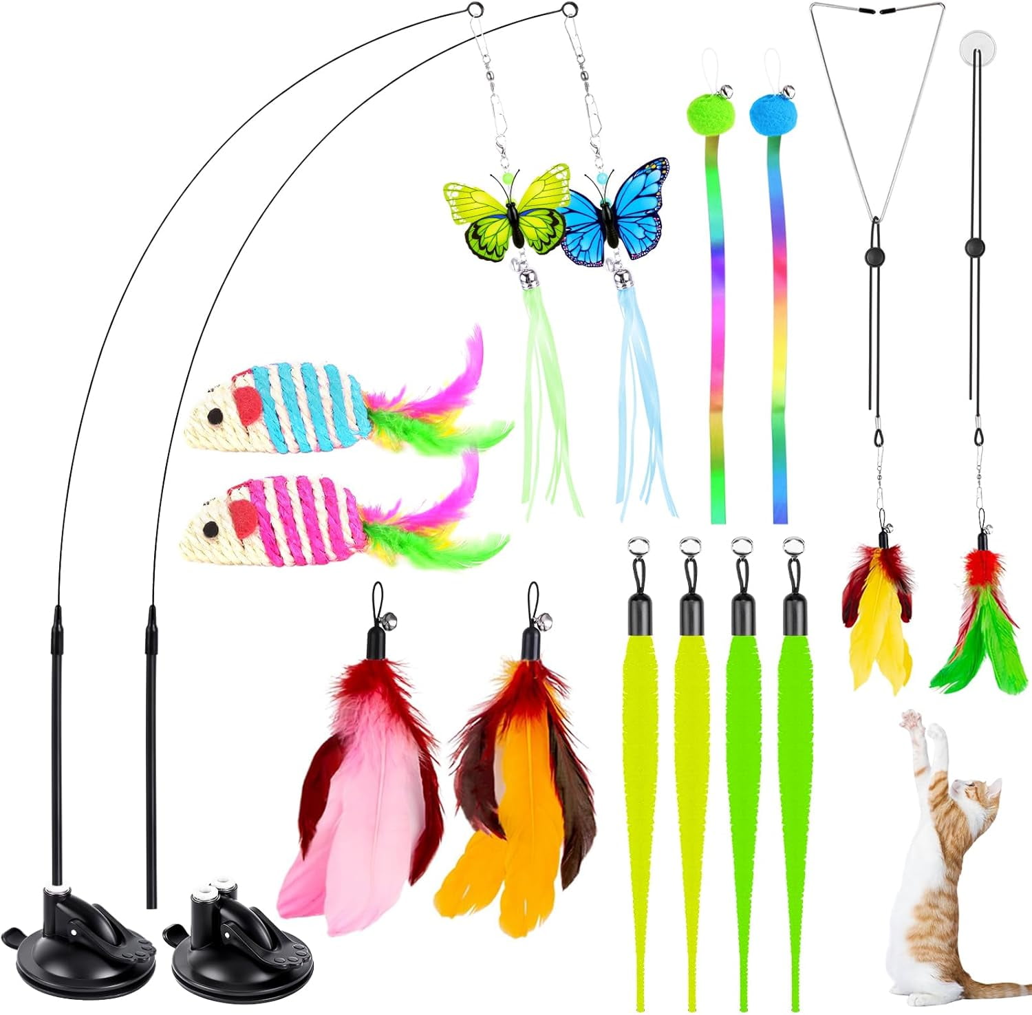 Cat Toys for Indoor Cats, 14Pcs 4 in 1 Cat Interactive Toys, Hanging Door Kitten Wand with Suction Cup Removable Feathers Balls Mice Butterfly Streamers